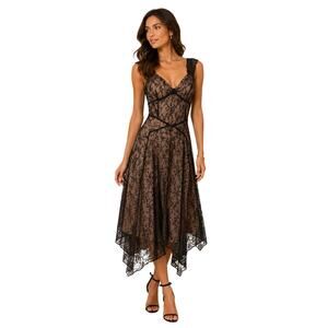 CO-OP Lace Floral V-Neck Sleeveless A-Line Midi Dress Black Nude Women's Size 8
